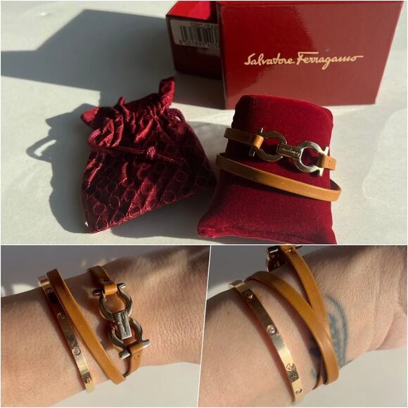 Salvatore Ferragamo Double Gancini Bracelet Brown Leather Gold Tone - Picture 1 of 14
